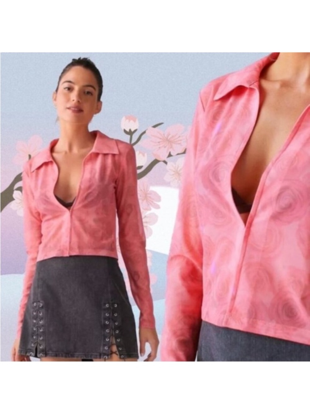 Urban Outfitters x Lioness | Anything For Love Printed Flyaway Top Mesh Pink New